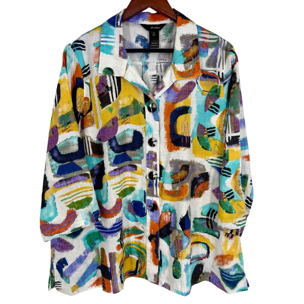 Ali Miles Plus Size 1X LINEN BLEND Abstract Blouse Shirt Top Wearable Art Artsy - Picture 2 of 10